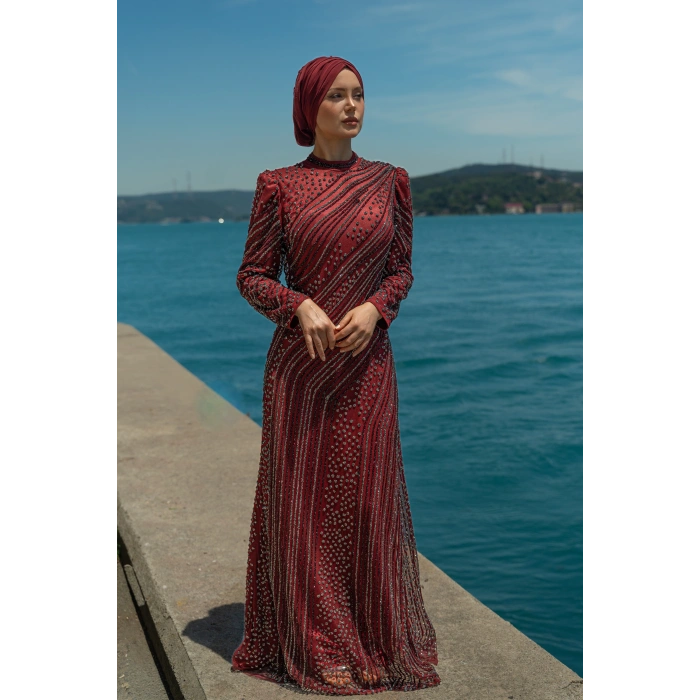 TAŞLI ZARİF TESETTÜR ABİYE - bordo