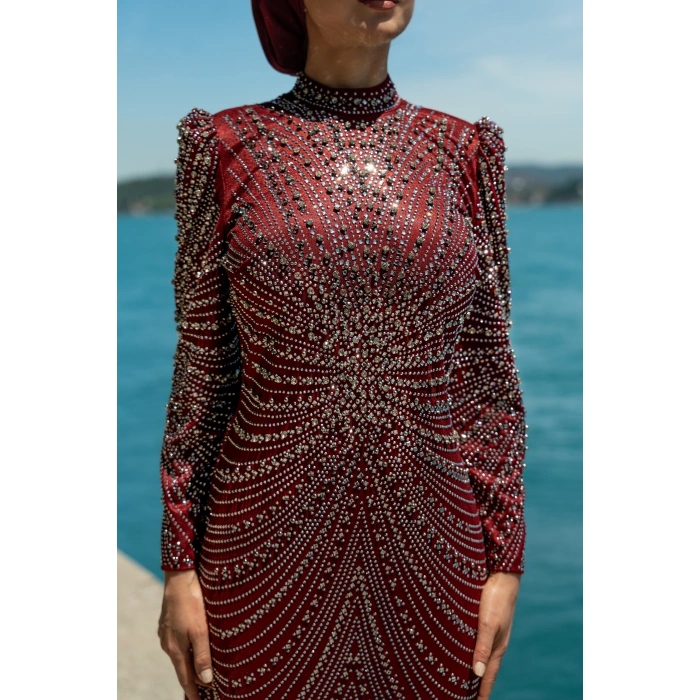 TAŞLI ZARİF TESETTÜR ABİYE - bordo