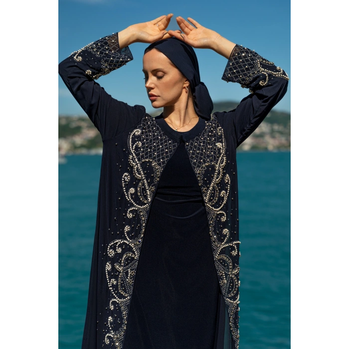 TAŞLI ZARİF TESETTÜR ABAYA - LACİVERT