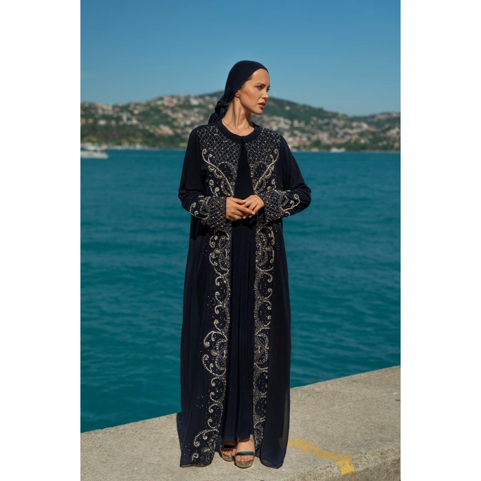 TAŞLI ZARİF TESETTÜR ABAYA - LACİVERT