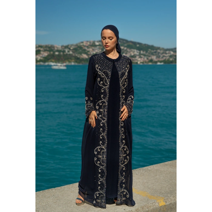 TAŞLI ZARİF TESETTÜR ABAYA - LACİVERT
