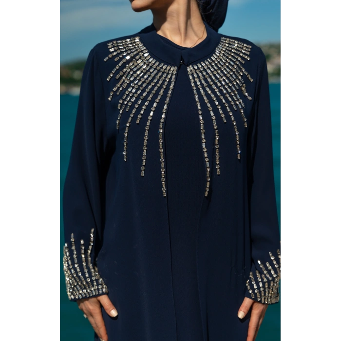 TAŞLI UZUN TESETTÜR ZARİF ABAYA-LACİVERT