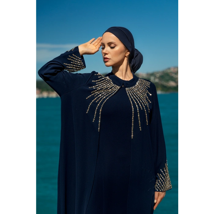 TAŞLI UZUN TESETTÜR ZARİF ABAYA-LACİVERT
