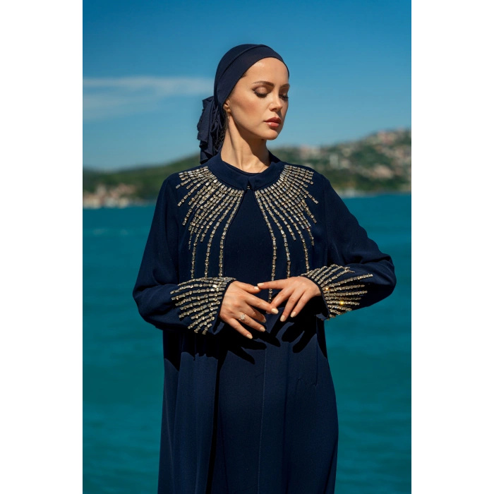 TAŞLI UZUN TESETTÜR ZARİF ABAYA-LACİVERT