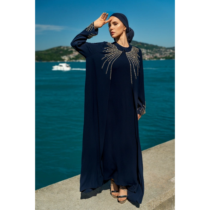 TAŞLI UZUN TESETTÜR ZARİF ABAYA-LACİVERT