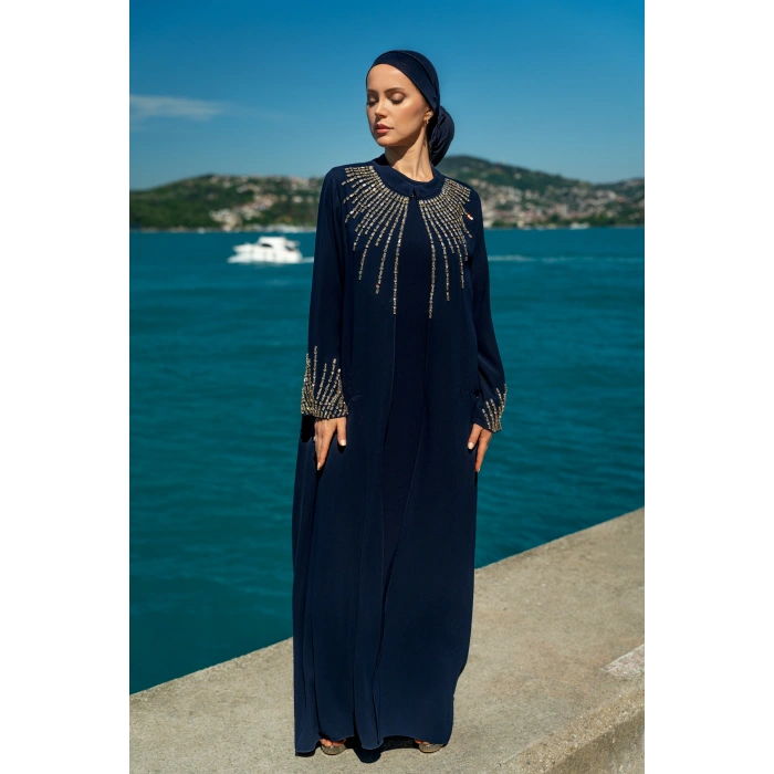 TAŞLI UZUN TESETTÜR ZARİF ABAYA-LACİVERT
