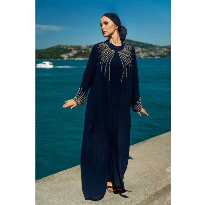 TAŞLI UZUN TESETTÜR ZARİF ABAYA-LACİVERT