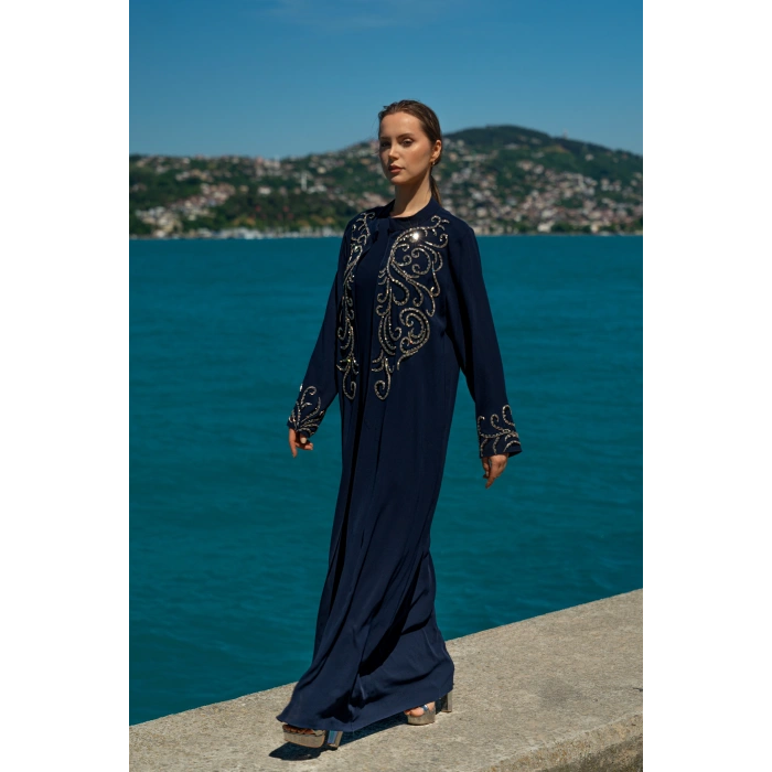 TAŞLI UZUN TESETTÜR ZARİF ABAYA-LACİVERT