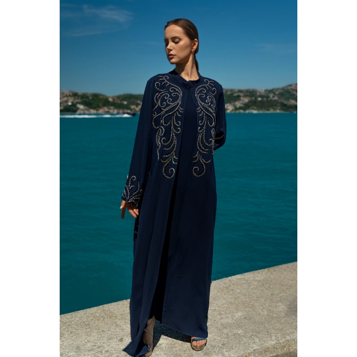 TAŞLI UZUN TESETTÜR ZARİF ABAYA-LACİVERT