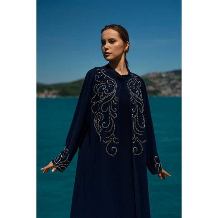 TAŞLI UZUN TESETTÜR ZARİF ABAYA-LACİVERT