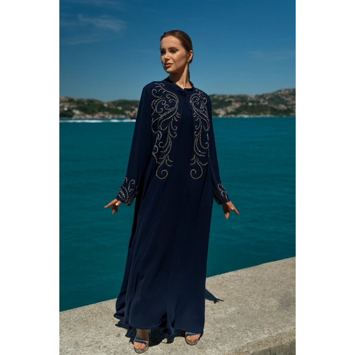 TAŞLI UZUN TESETTÜR ZARİF ABAYA-LACİVERT