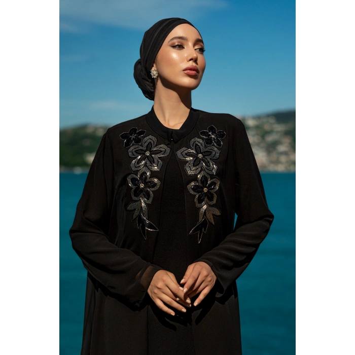 TAŞLI UZUN TESETTÜR ZARİF ABAYA-Siyah