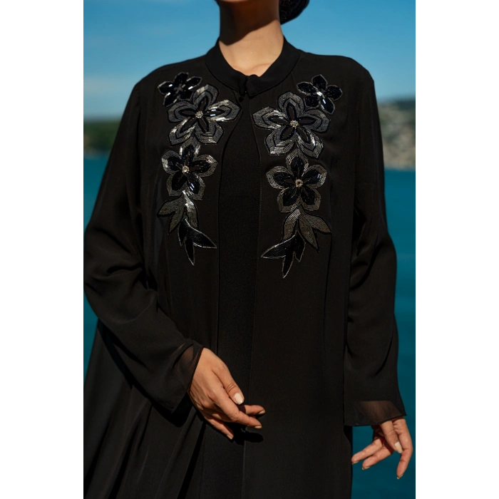 TAŞLI UZUN TESETTÜR ZARİF ABAYA-Siyah
