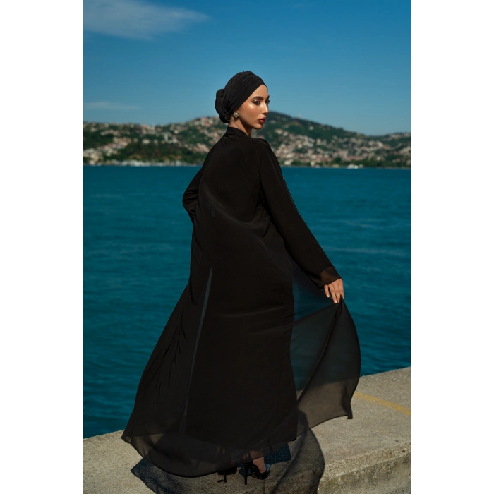 TAŞLI UZUN TESETTÜR ZARİF ABAYA-Siyah