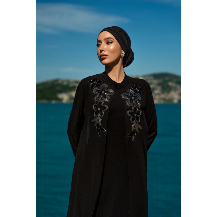 TAŞLI UZUN TESETTÜR ZARİF ABAYA-Siyah