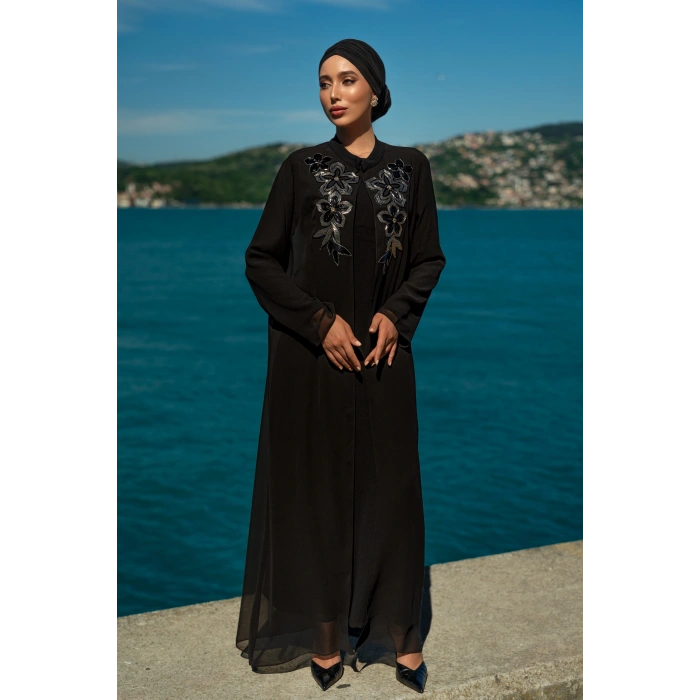 TAŞLI UZUN TESETTÜR ZARİF ABAYA-Siyah