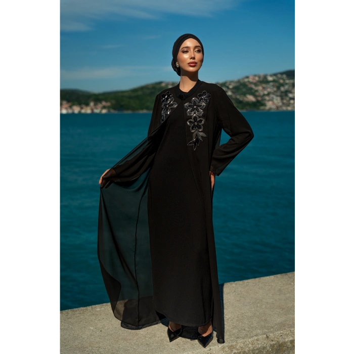 TAŞLI UZUN TESETTÜR ZARİF ABAYA-Siyah