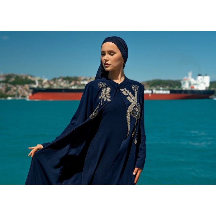 TAŞLI UZUN TESETTÜR ZARİF ABAYA-LACİVERT