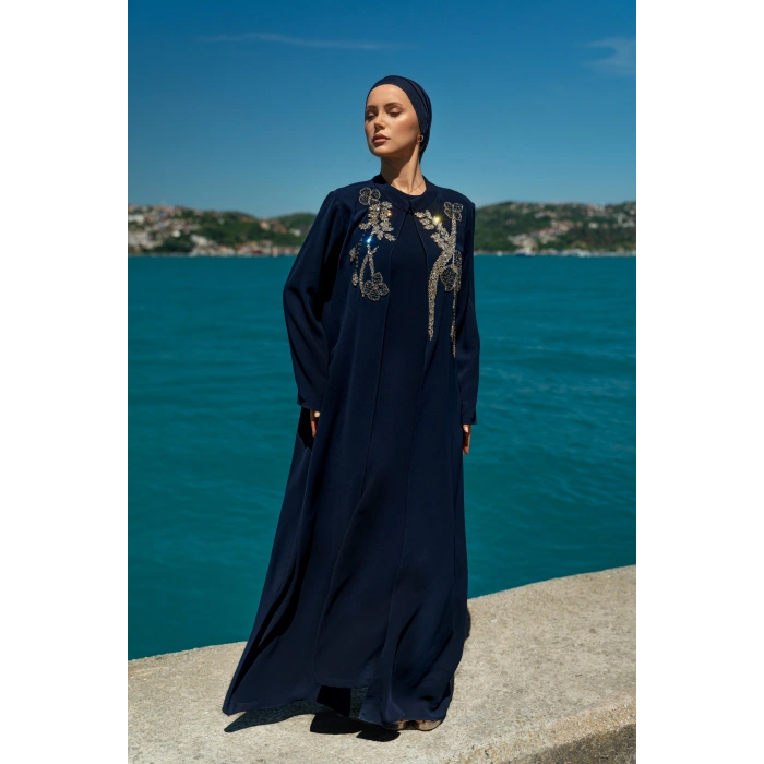 TAŞLI UZUN TESETTÜR ZARİF ABAYA-LACİVERT