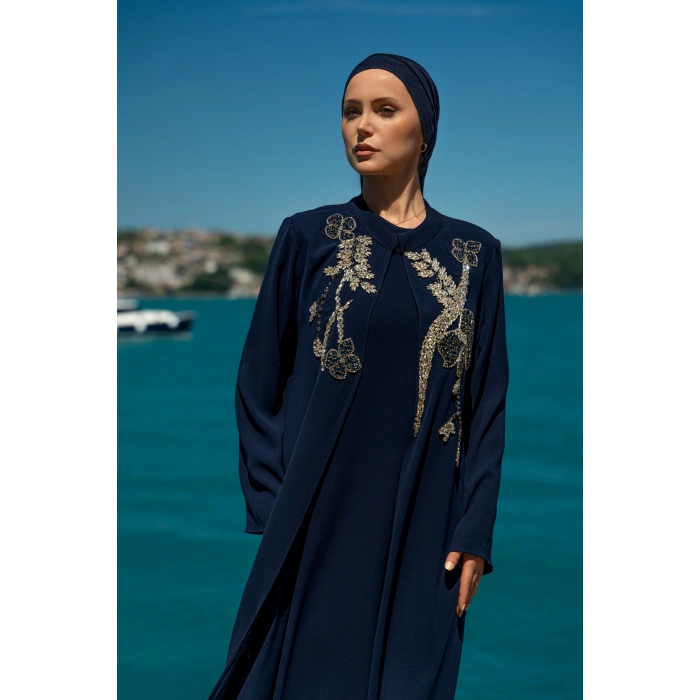 TAŞLI UZUN TESETTÜR ZARİF ABAYA-LACİVERT