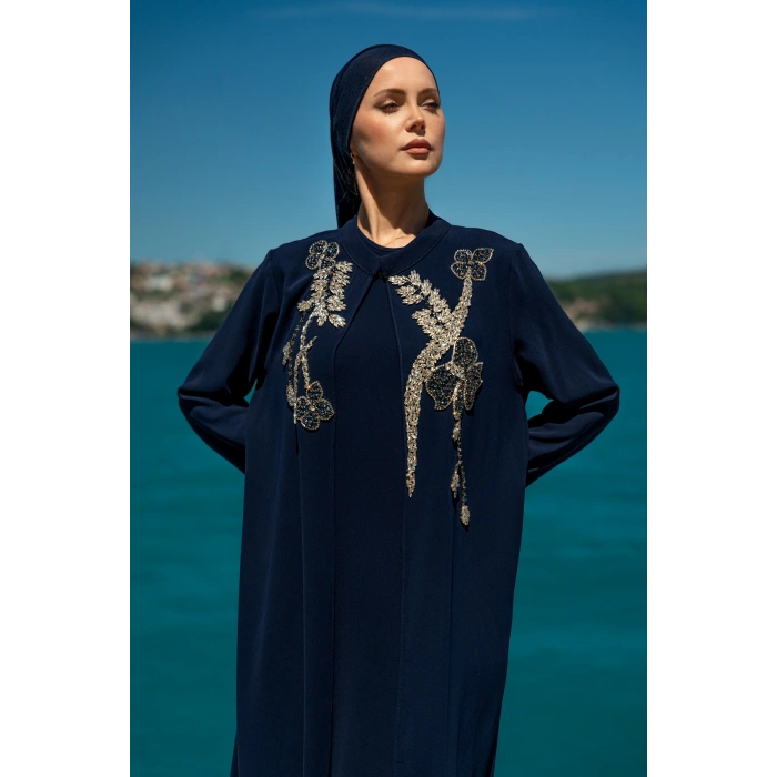 TAŞLI UZUN TESETTÜR ZARİF ABAYA-LACİVERT