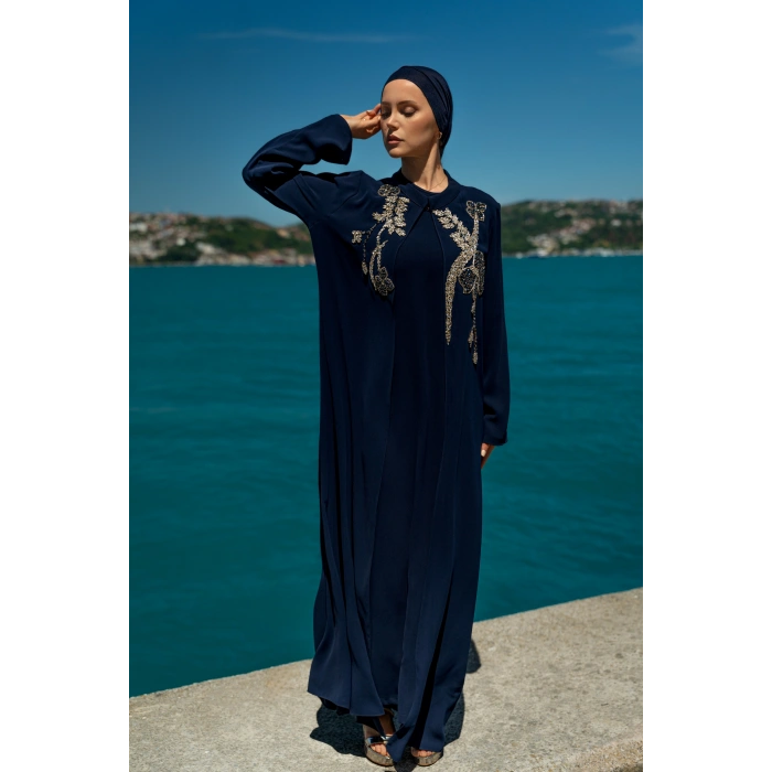 TAŞLI UZUN TESETTÜR ZARİF ABAYA-LACİVERT