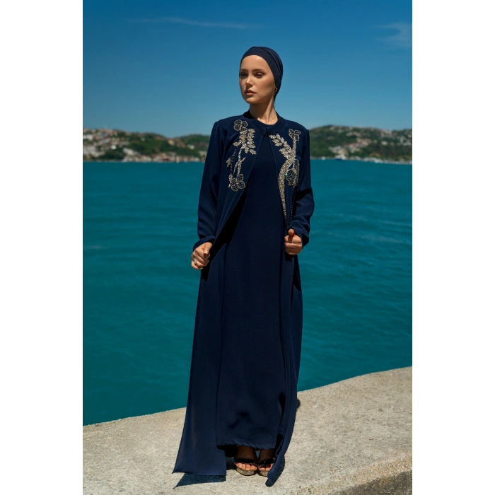 TAŞLI UZUN TESETTÜR ZARİF ABAYA-LACİVERT