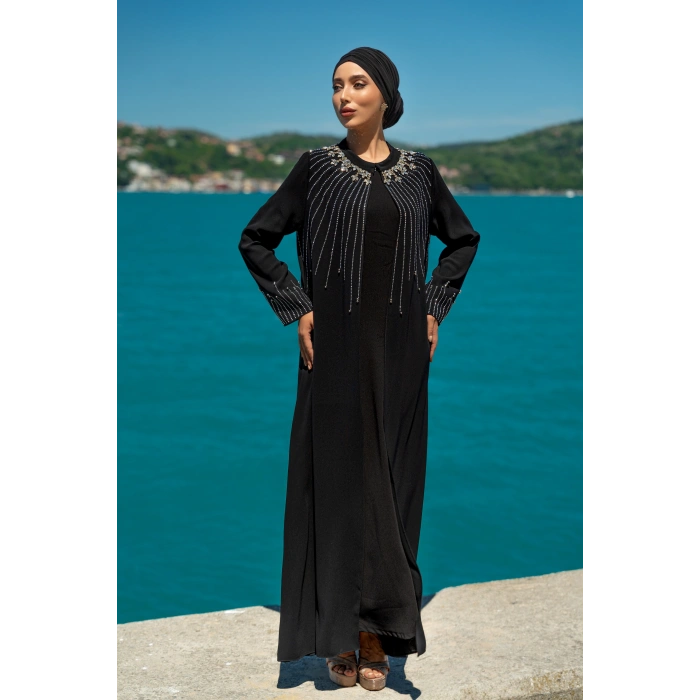 TAŞLI UZUN TESETTÜR ZARİF ABAYA -SİYAH