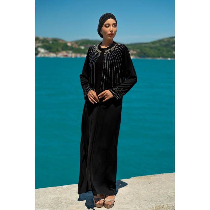 TAŞLI UZUN TESETTÜR ZARİF ABAYA -SİYAH