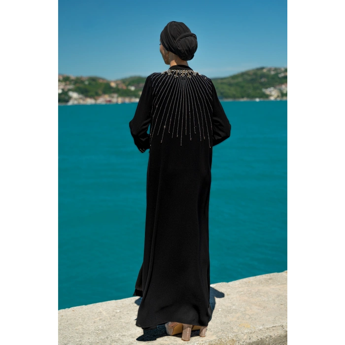 TAŞLI UZUN TESETTÜR ZARİF ABAYA -SİYAH