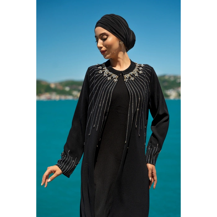 TAŞLI UZUN TESETTÜR ZARİF ABAYA -SİYAH