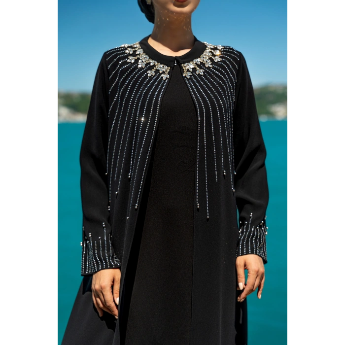TAŞLI UZUN TESETTÜR ZARİF ABAYA -SİYAH