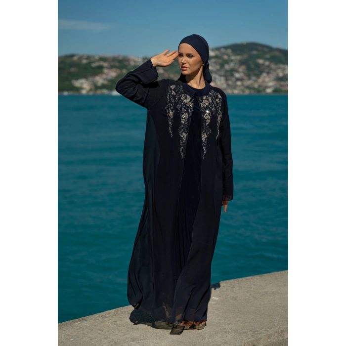 UZUN TAŞLI ZARİF TESETTÜR ABAYA-LACİVERT