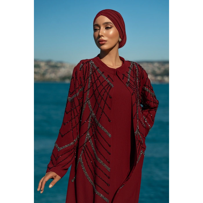 TAŞLI UZUN TESETTÜR ZARİF ABAYA-BORDO