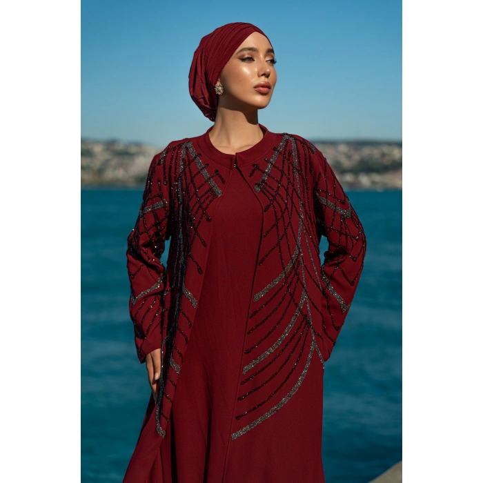 TAŞLI UZUN TESETTÜR ZARİF ABAYA-BORDO
