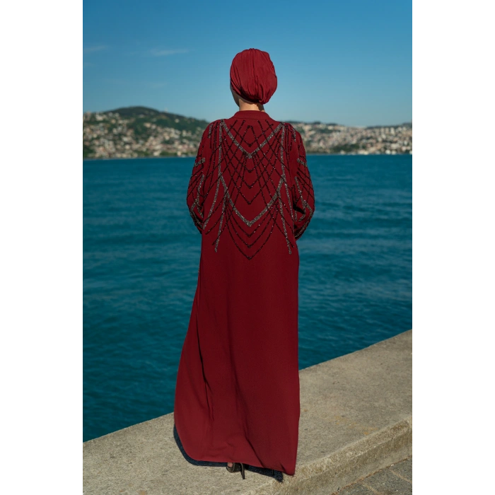 TAŞLI UZUN TESETTÜR ZARİF ABAYA-BORDO