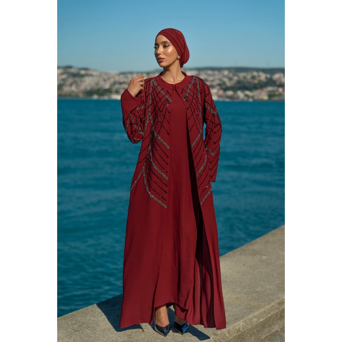TAŞLI UZUN TESETTÜR ZARİF ABAYA-BORDO