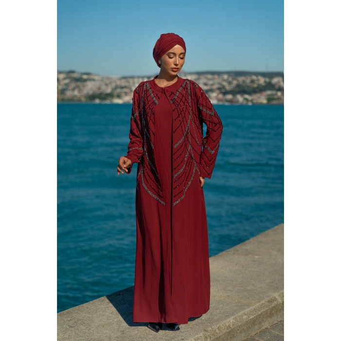 TAŞLI UZUN TESETTÜR ZARİF ABAYA-BORDO