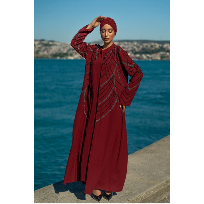 TAŞLI UZUN TESETTÜR ZARİF ABAYA-BORDO