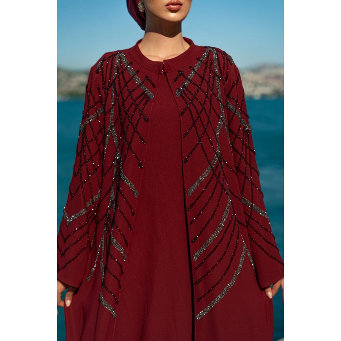 TAŞLI UZUN TESETTÜR ZARİF ABAYA-BORDO