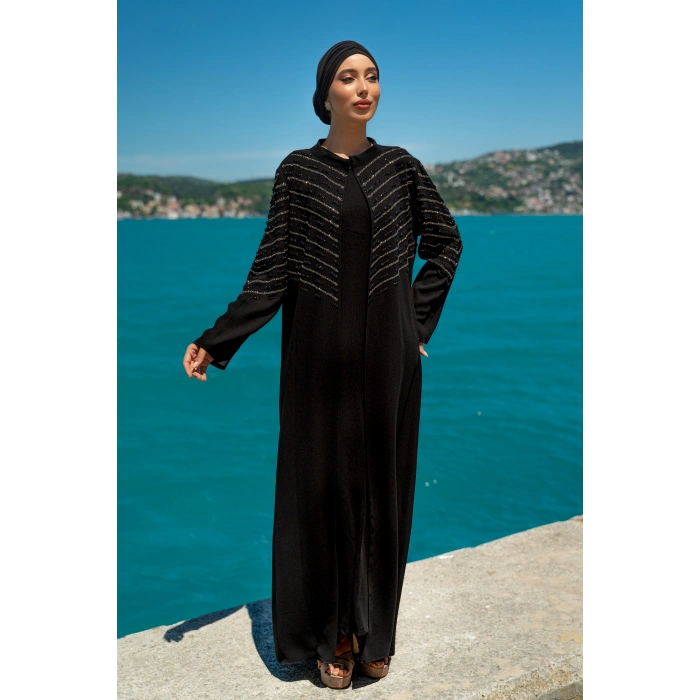 TAŞLI UZUN TESETTÜR ZARİF ABAYA-SİYAH