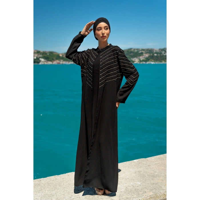 TAŞLI UZUN TESETTÜR ZARİF ABAYA-SİYAH