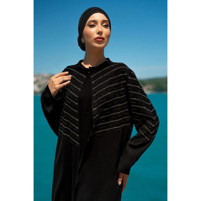 TAŞLI UZUN TESETTÜR ZARİF ABAYA-SİYAH