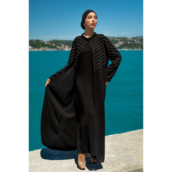 TAŞLI UZUN TESETTÜR ZARİF ABAYA-SİYAH