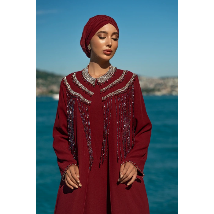 TAŞLI UZUN TESETTÜR ZARİF ABAYA-BORDO