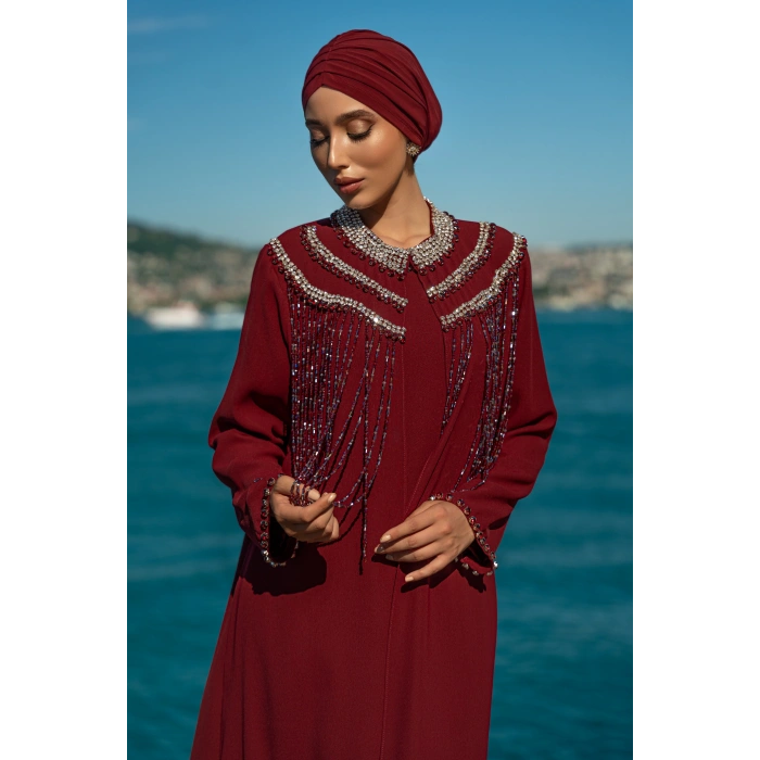 TAŞLI UZUN TESETTÜR ZARİF ABAYA-BORDO