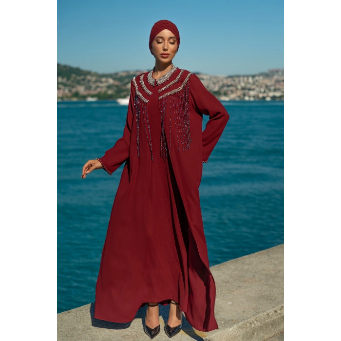 TAŞLI UZUN TESETTÜR ZARİF ABAYA-BORDO