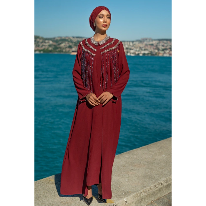 TAŞLI UZUN TESETTÜR ZARİF ABAYA-BORDO