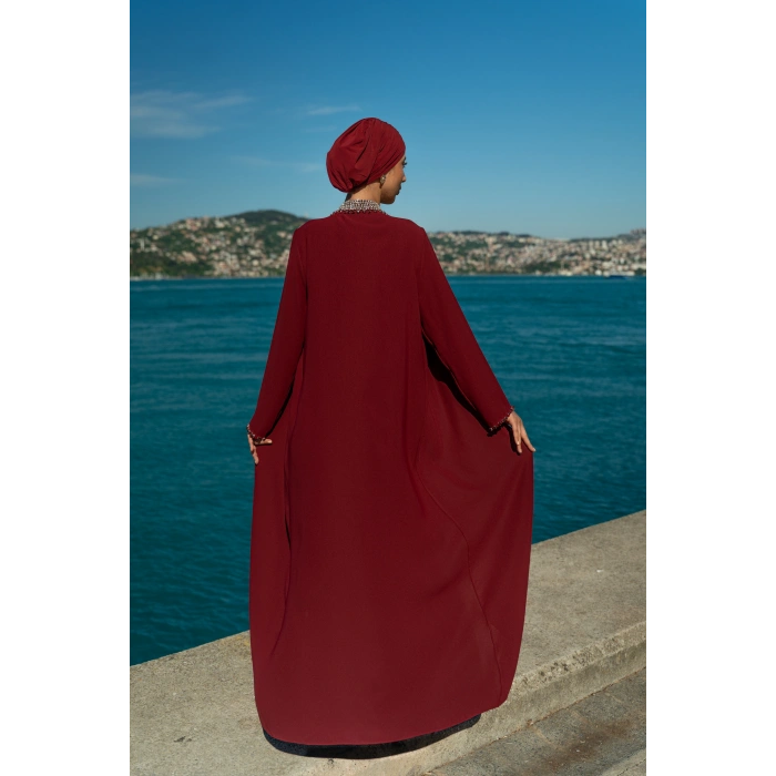 TAŞLI UZUN TESETTÜR ZARİF ABAYA-BORDO