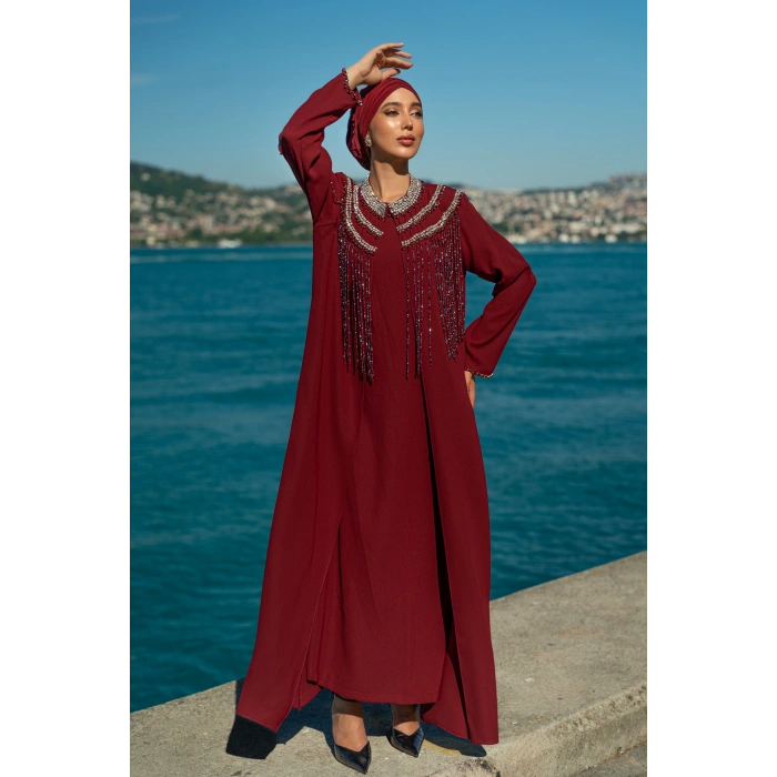 TAŞLI UZUN TESETTÜR ZARİF ABAYA-BORDO